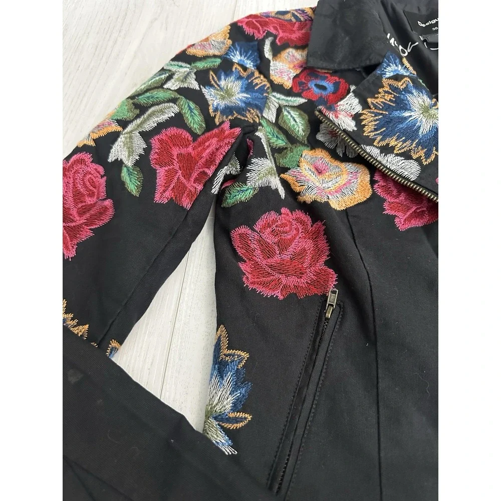 DESIGUAL‎ Women's Embroidered Fiorella Biker Jacket Sz 38 EU 4 US Floral